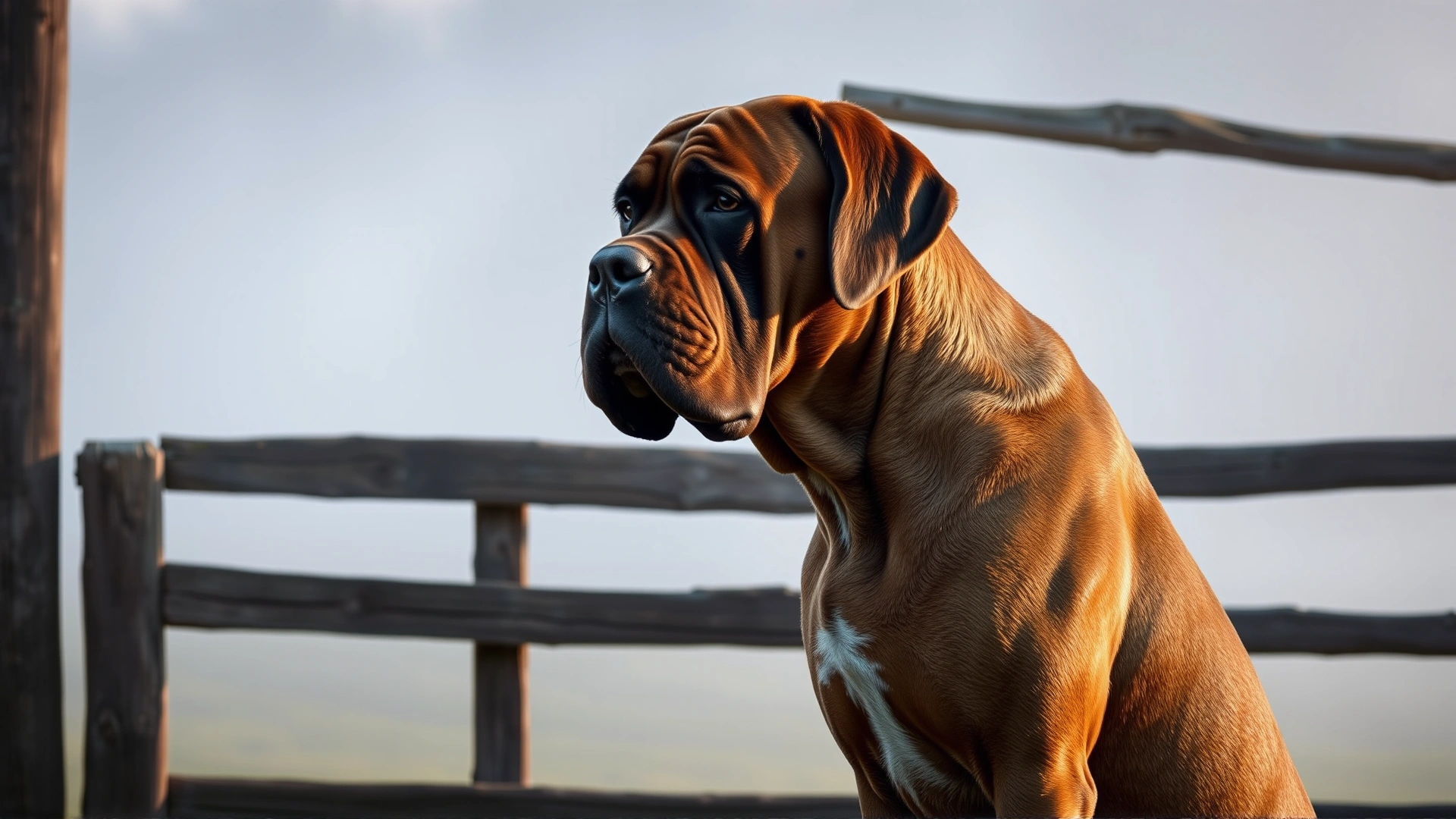 Adult Boerboel positioned alertly at a wooden farm gate, early morning mist in the background, conveying its guardian role