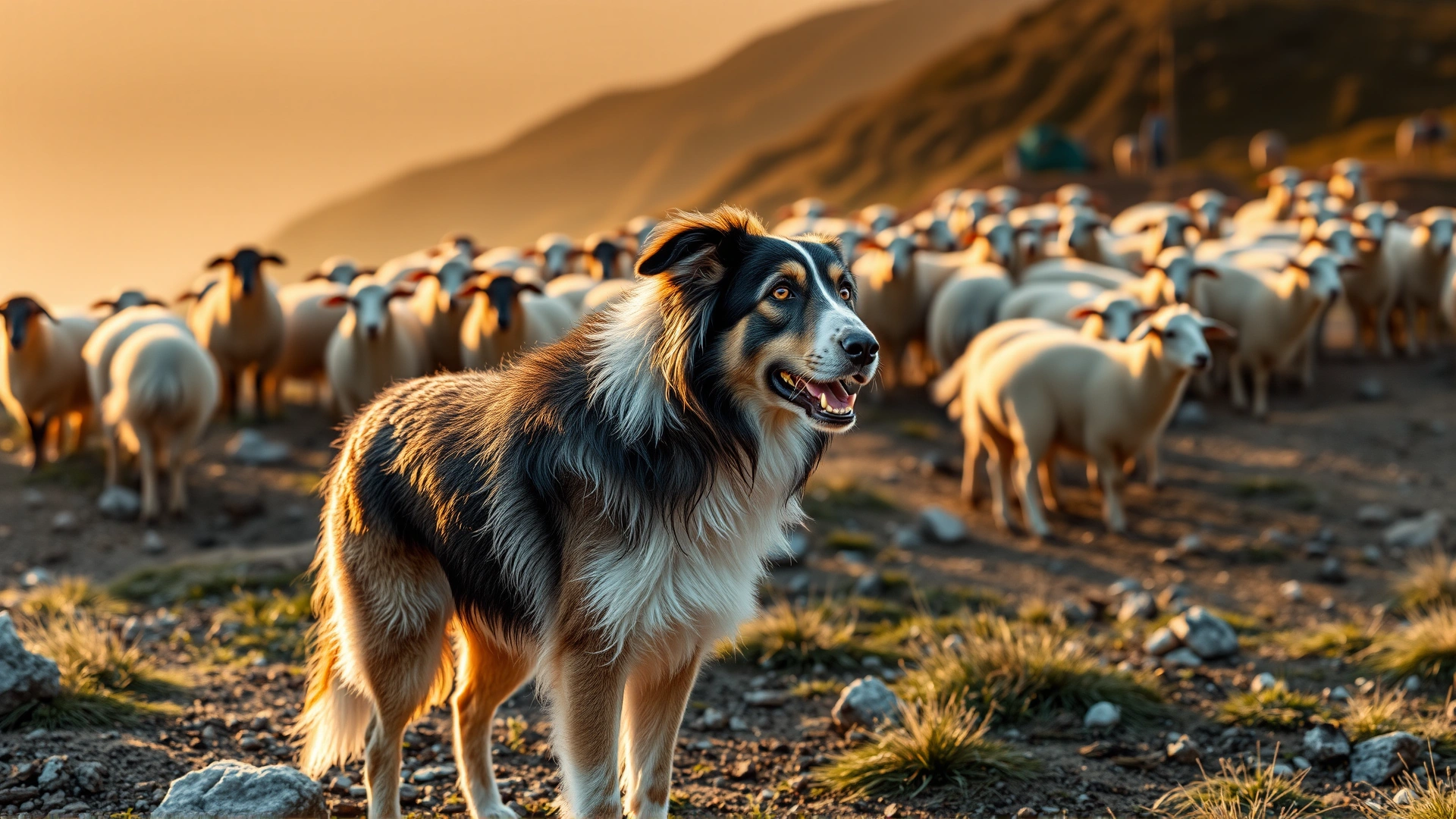 Anatolian Shepherd dog standing protectively in front of a flock of sheep on a rocky Turkish hillside during golden hour.
