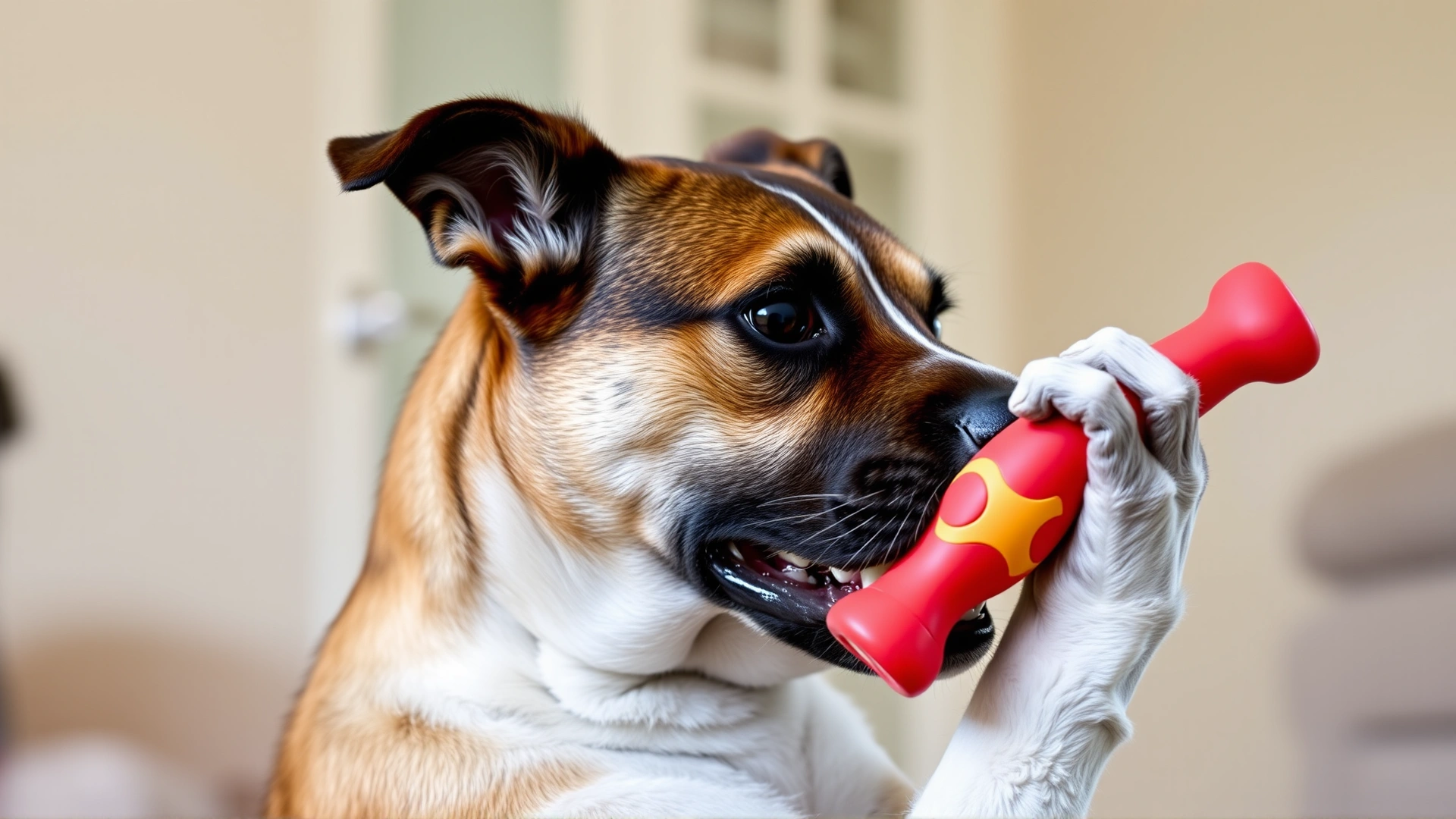 Dog displaying resource guarding body language, stiff posture while gripping a toy, indoors setting.