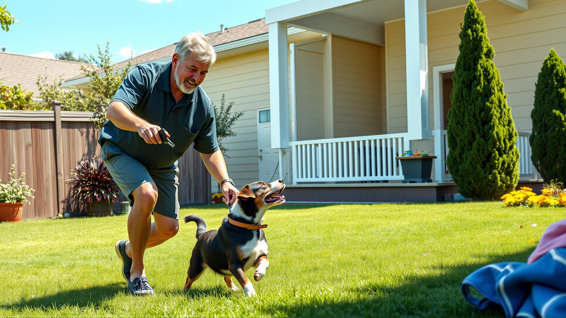 Owner playing fetch with a happy dog in a green backyard while a house guest watches nearby from a porch, sunny afternoon, no text.