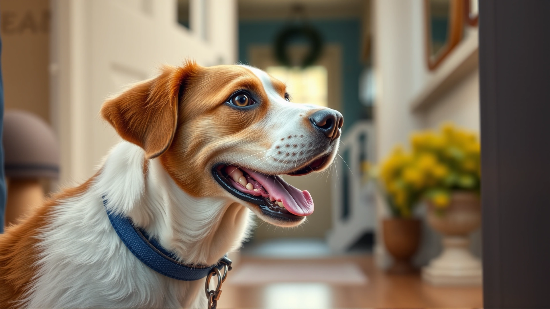 Friendly dog greeting a house guest at the front door, warm indoor lighting, shallow depth of field, no text.