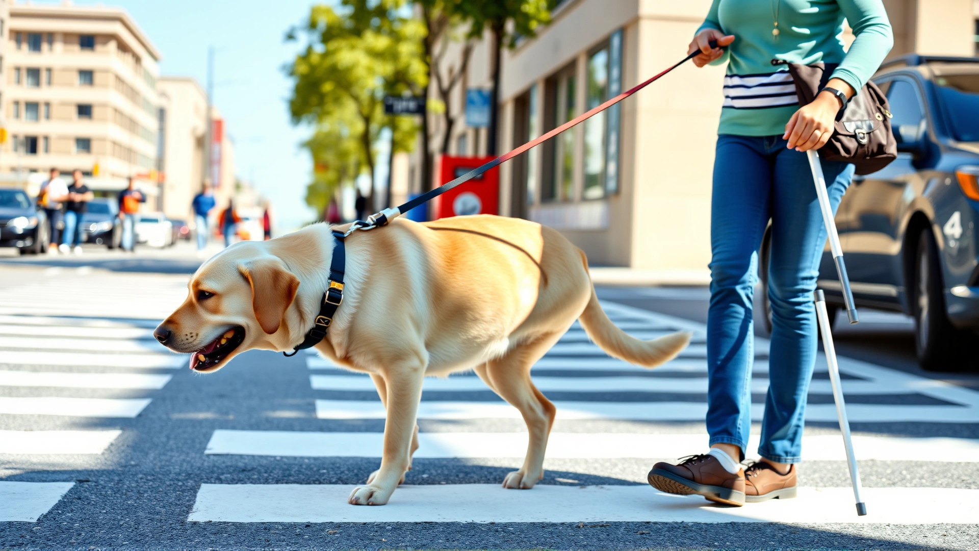 Yellow Labrador guide dog leading a visually impaired woman with a white cane across a city crosswalk in bright daylight, no text.