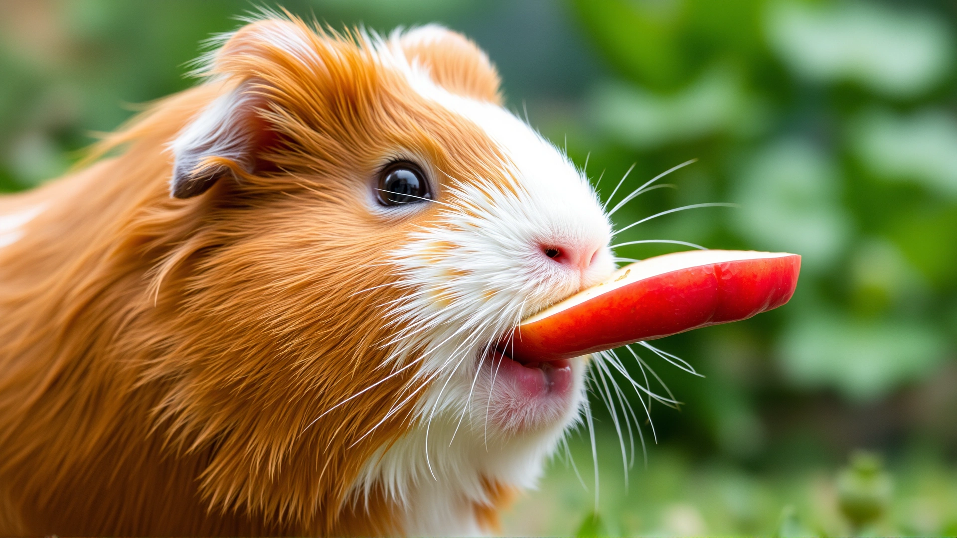 Close-up of a brown and white guinea pig happily nibbling on a thin slice of red apple, blurred garden background