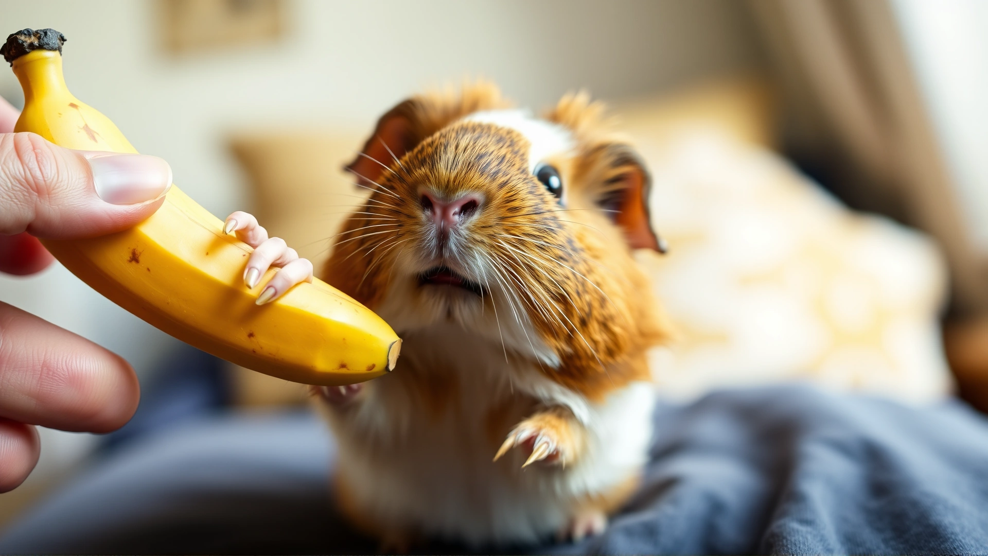 Playful guinea pig reaching toward a banana held by a hand, indoor setting with soft background blur