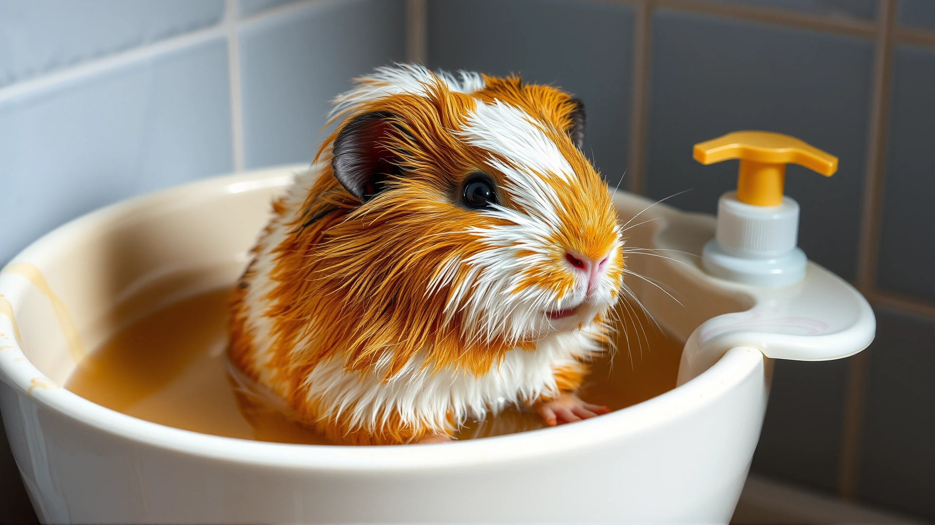 Photo of a fluffy guinea pig in a shallow basin of warm water getting a gentle bath, with small shampoo bottle nearby