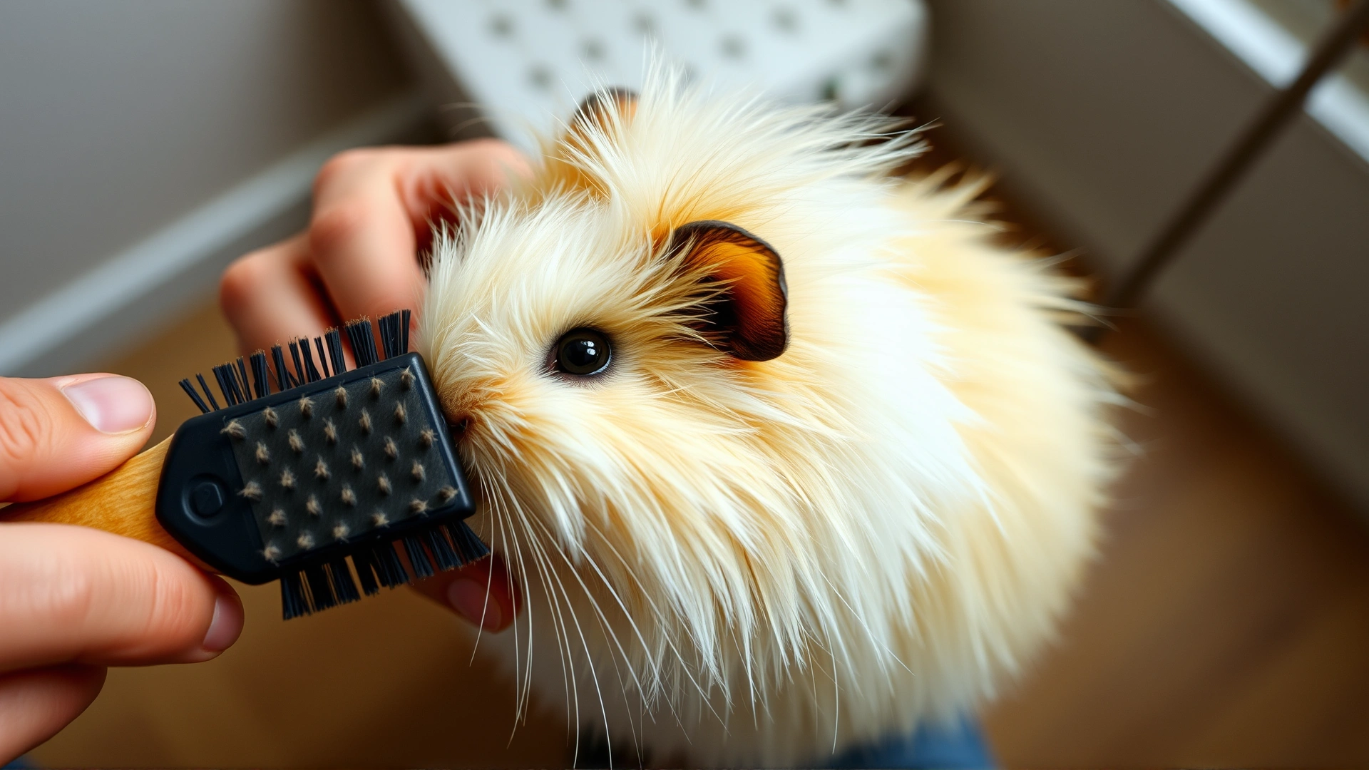 Overhead shot of a person brushing a Silkie guinea pig’s long coat with a soft bristle brush, focus on fur texture, indoor setting