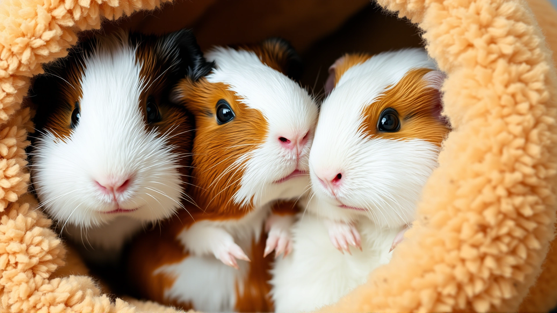 Two guinea pigs snuggling together inside a cozy fleece tunnel to illustrate social bonding.