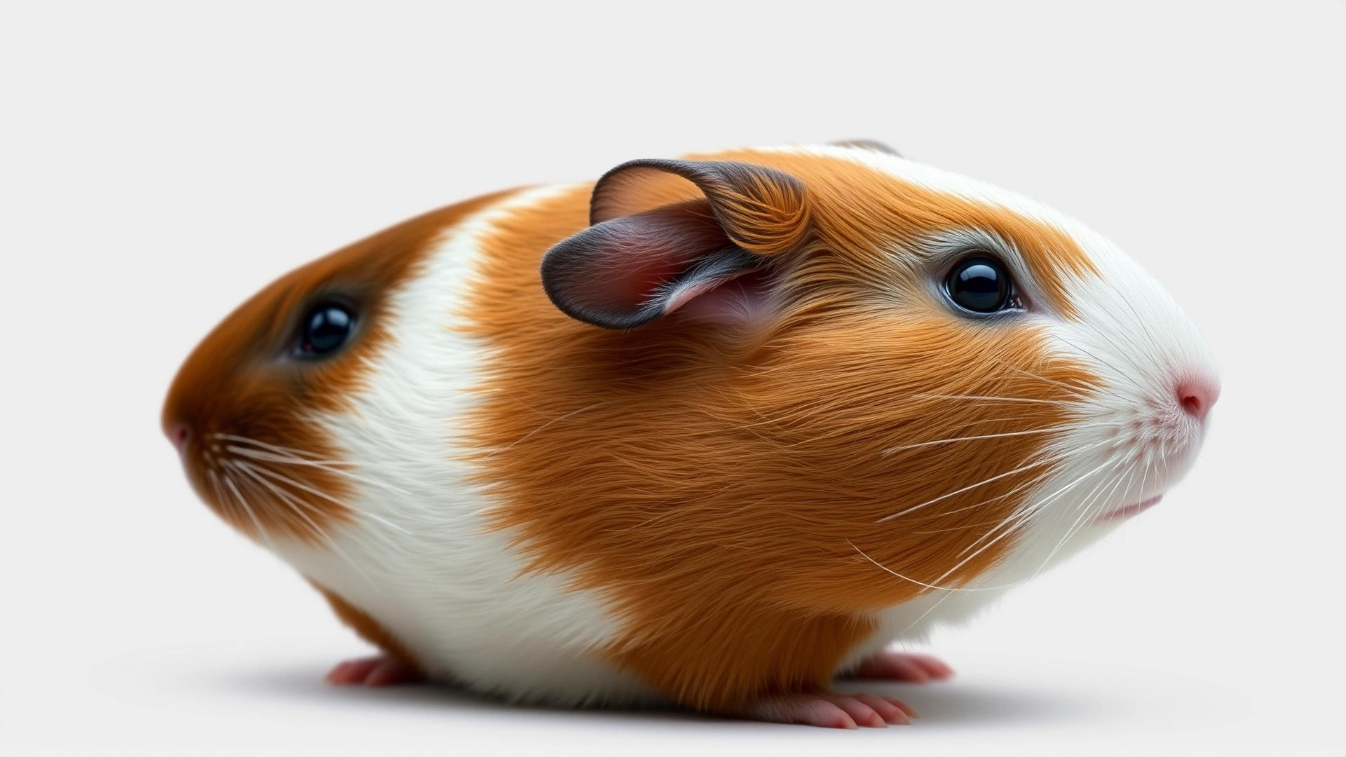 Side view photograph of a guinea pig with clear focus on the ear area, no text, neutral background