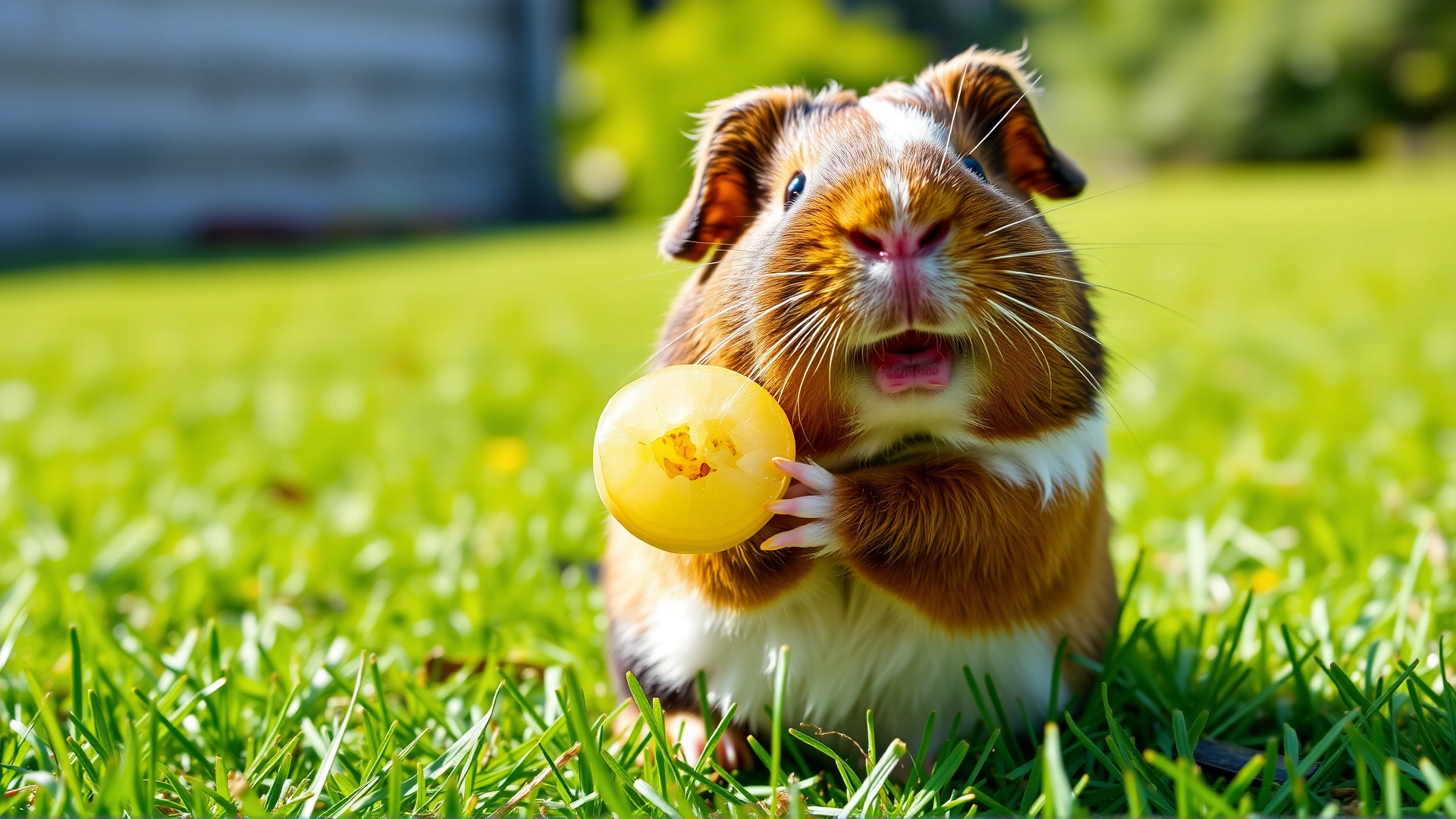 Happy guinea pig holding a halved grape in its paws, sitting on green grass, sunny outdoor background, high resolution photograph