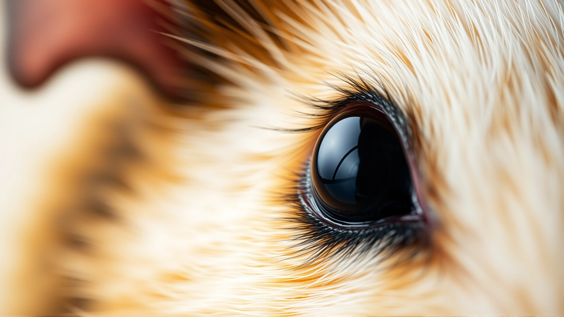 Extreme close-up shot of a guinea pig eye showing mild redness and tear film, sharp focus