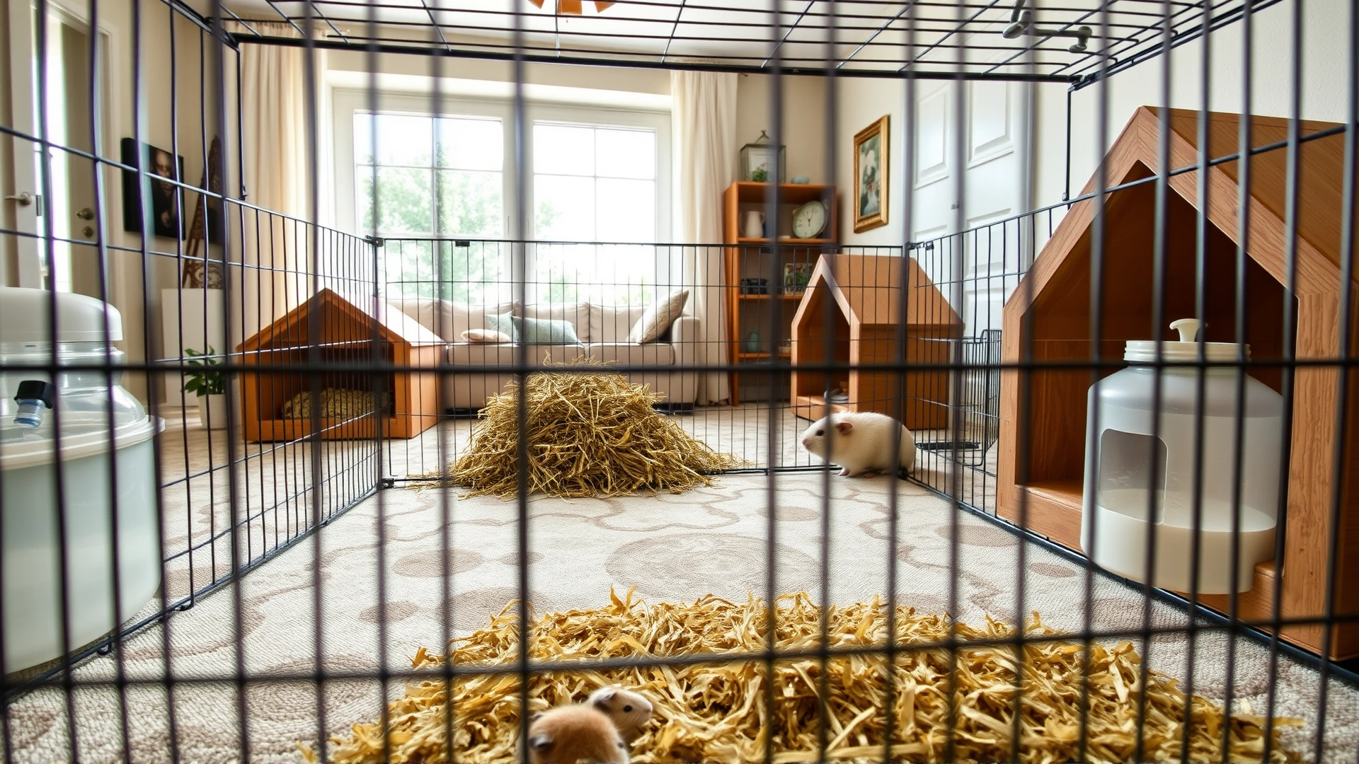 Wide-angle shot of a well-organized guinea pig cage showing proper size, solid flooring, hay pile, water bottle, and hideaway huts in a bright living room.