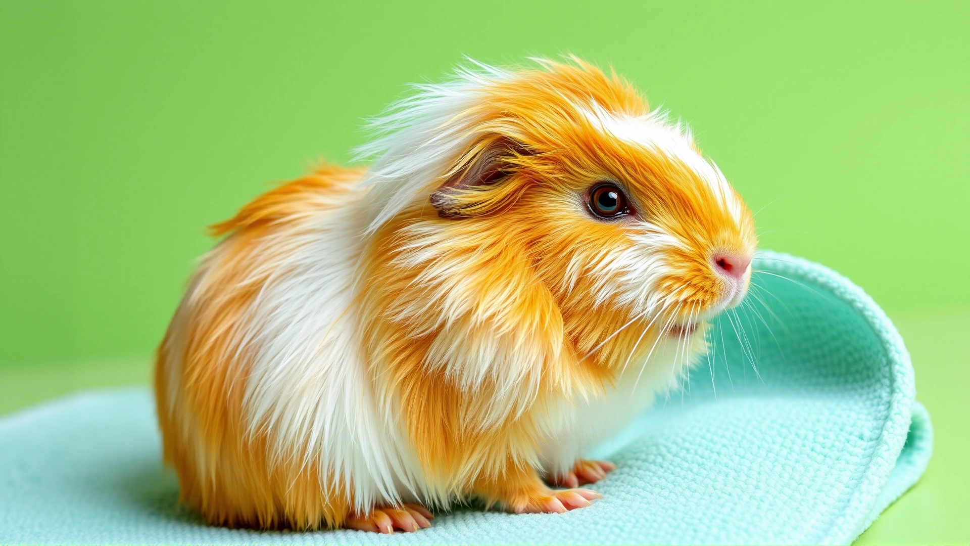 After grooming, a dry and fluffy Coronet guinea pig sitting on a clean towel looking happy, bright background