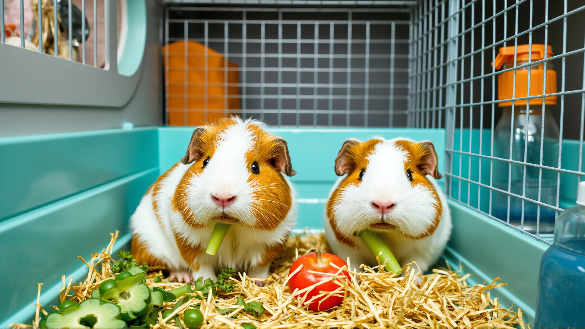 AI image of two guinea pigs eating fresh vegetables inside a spacious, clean cage with chewing hay and a water bottle visible.