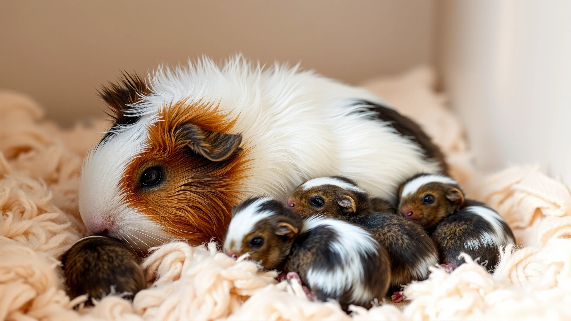 Mother guinea pig nursing her pups in clean, fluffy bedding with soft natural lighting, high resolution
