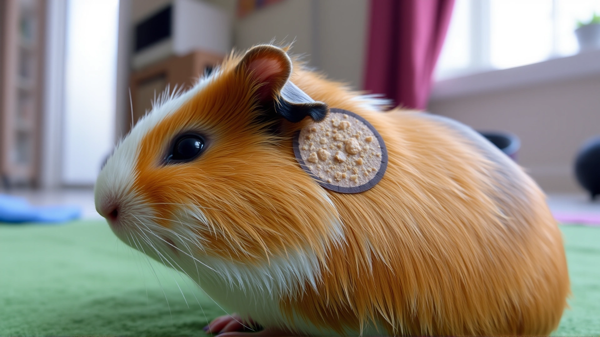 High-resolution image of a guinea pig with a circular bald lesion on its shoulder showing flaky skin texture, captured in natural indoor light