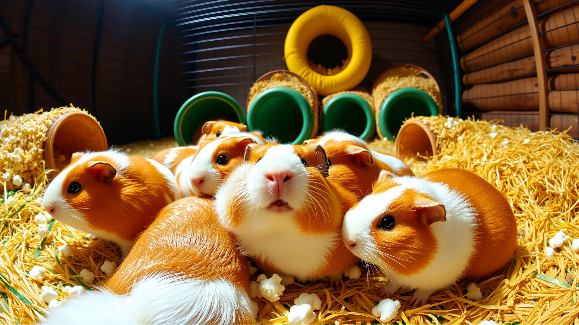 Wide-angle image of multiple guinea pigs popcorning together in a spacious pen filled with hay and tunnels