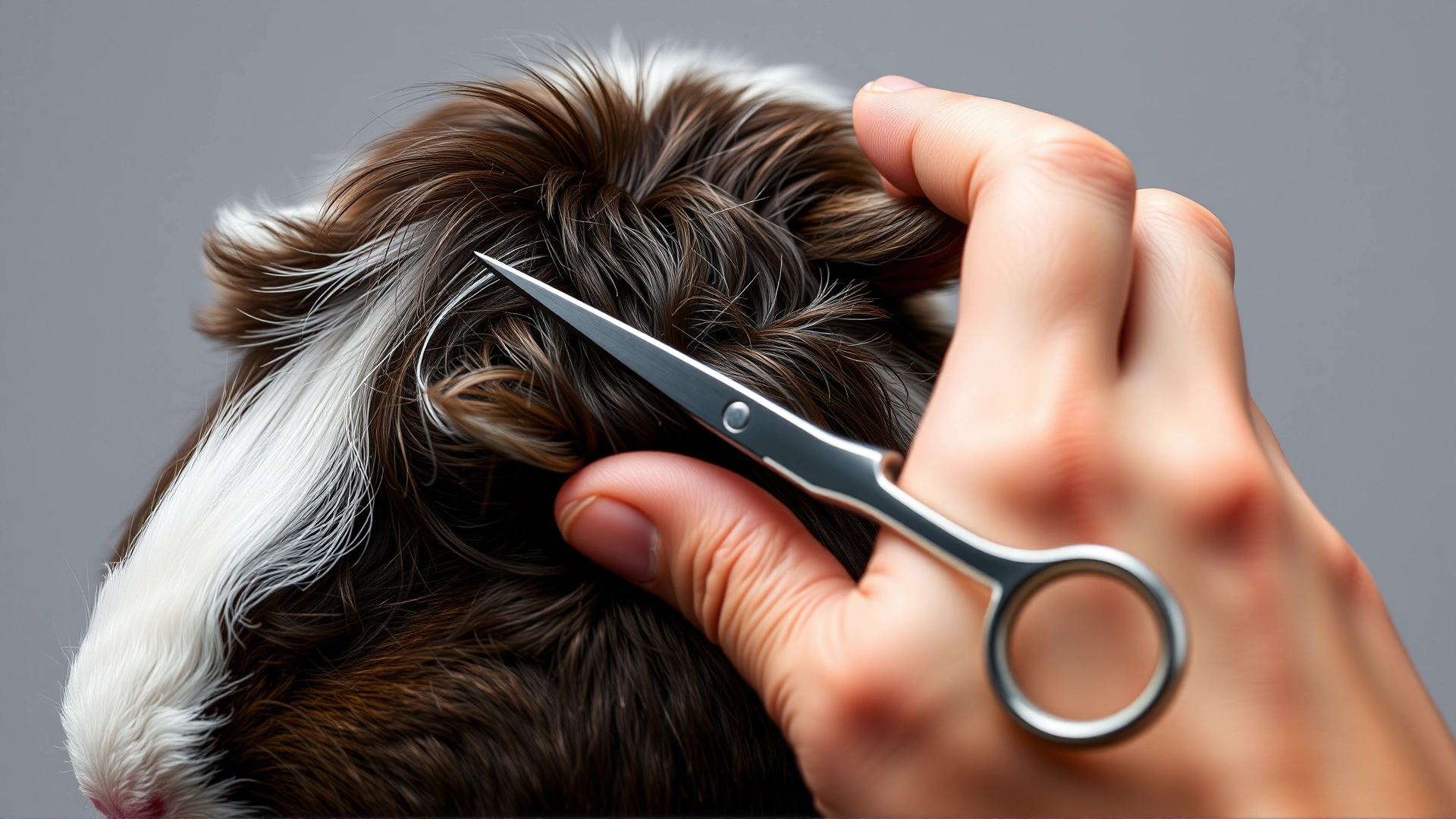 Close-up of safe trimming of the rear hair of a Texel guinea pig using rounded-tip scissors, demonstrating hand placement