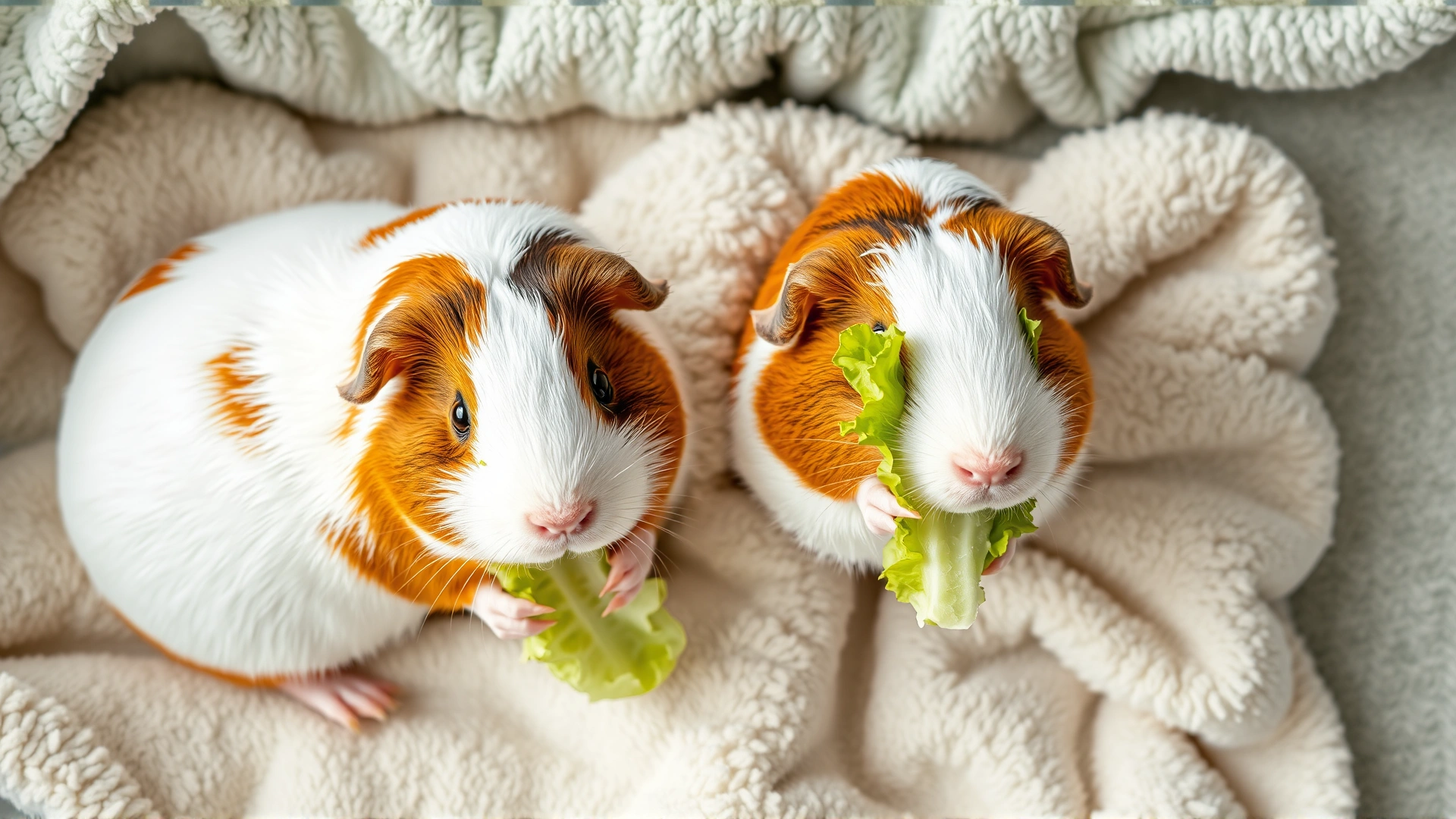 Two guinea pigs eating lettuce on soft bedding, top-down view, bright and cheerful composition