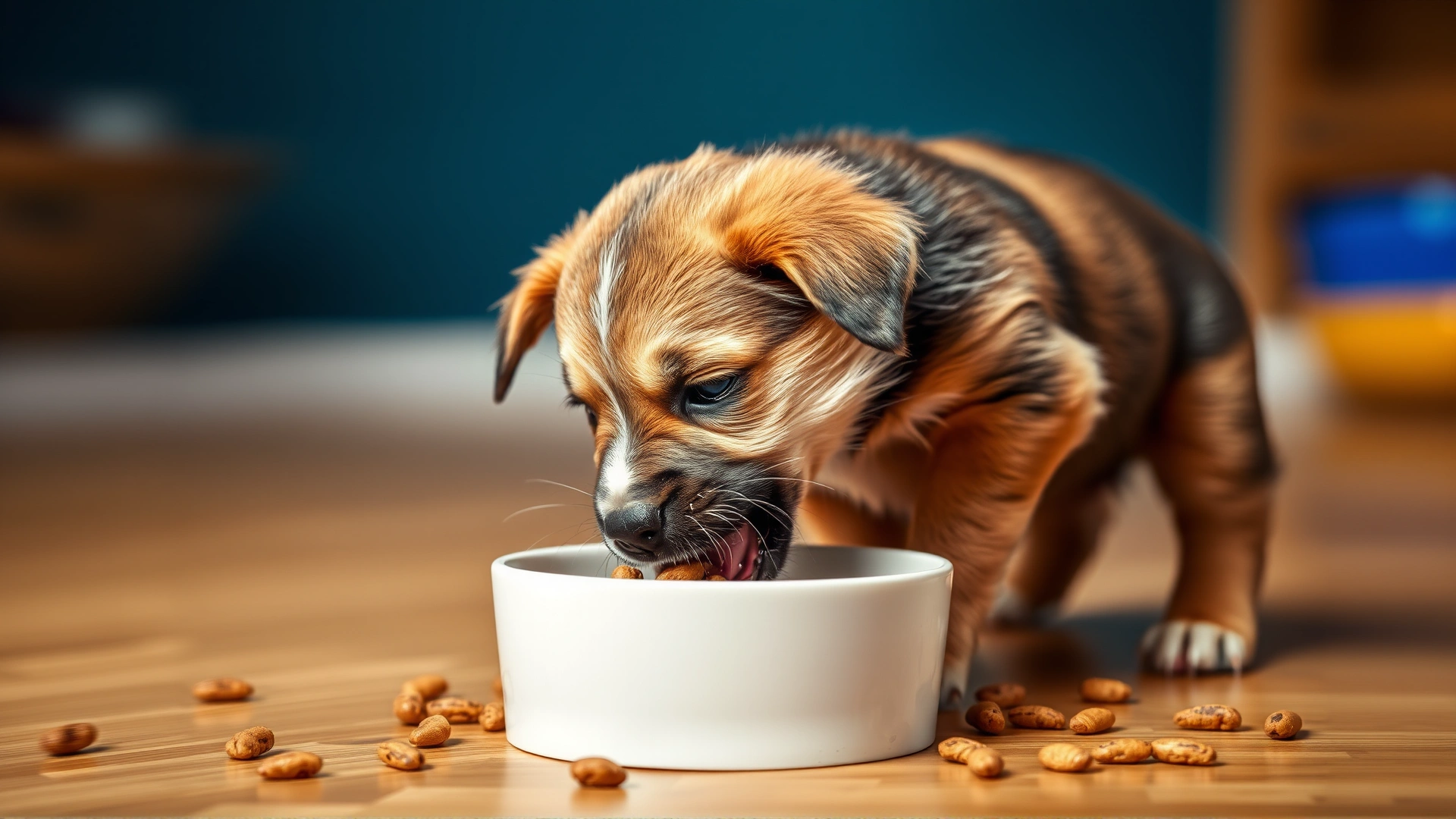 Puppy eating rapidly from a slow-feed bowl, slight motion blur to emphasize speed