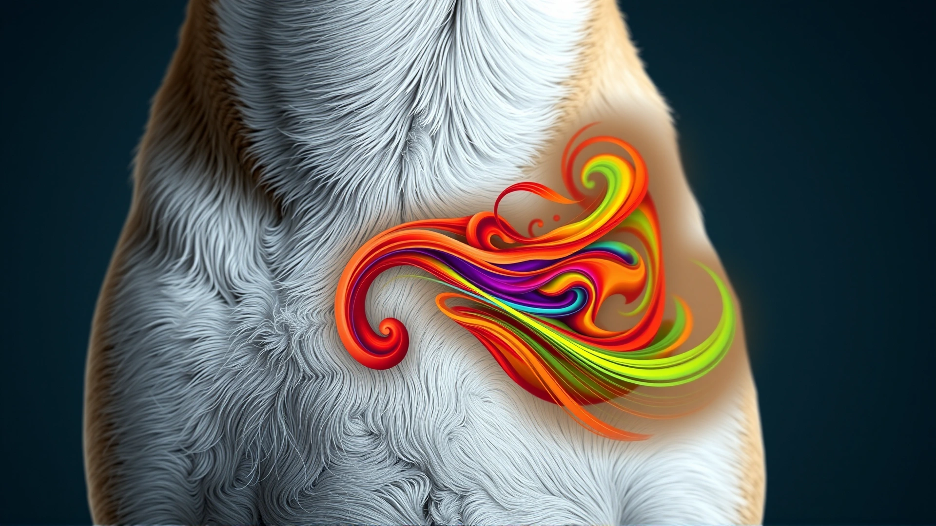 Conceptual image showing a close-up of a dog's torso with a subtle, colorful swirl overlay symbolizing a balanced gut microbiome; no text or labels.