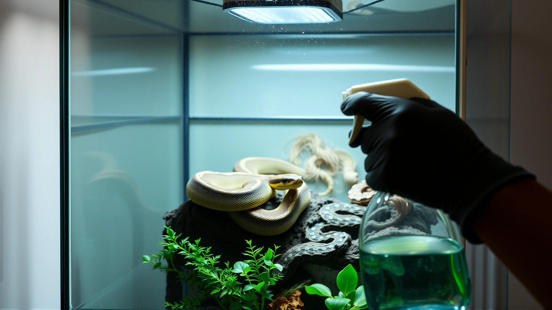 Person wearing gloves cleaning a glass snake terrarium with eco-friendly disinfectant, with heat lamp and hides visible