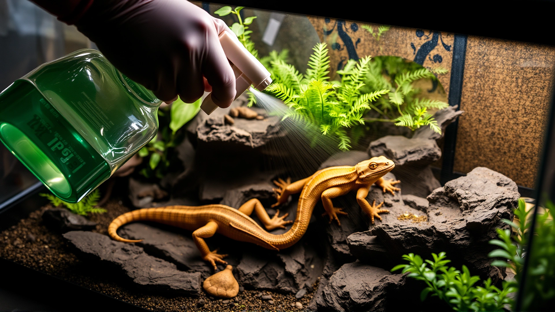 Reptile terrarium being thoroughly cleaned with gloved hands spraying disinfectant and wiping surfaces.