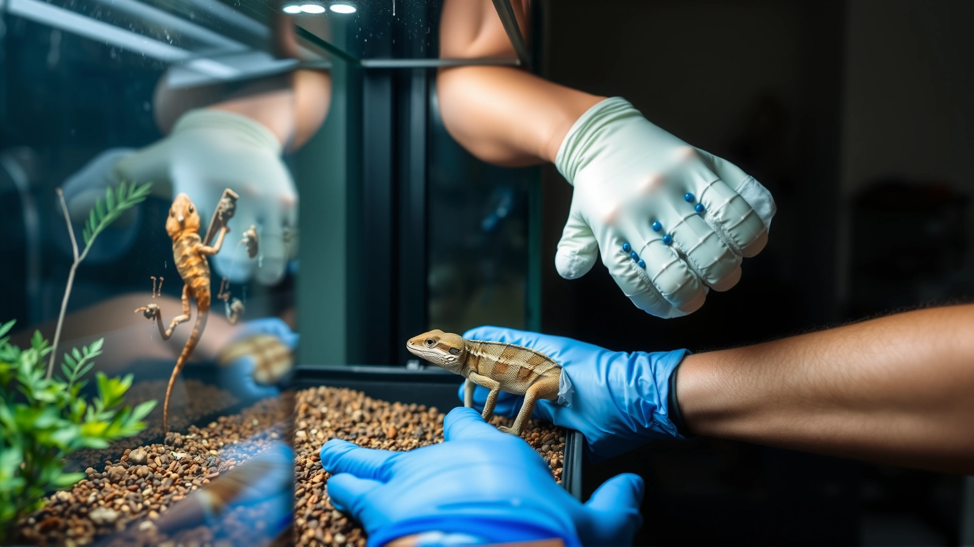 Pet owner wearing gloves cleaning a reptile terrarium, removing old substrate and wiping glass walls, bright indoor lighting.