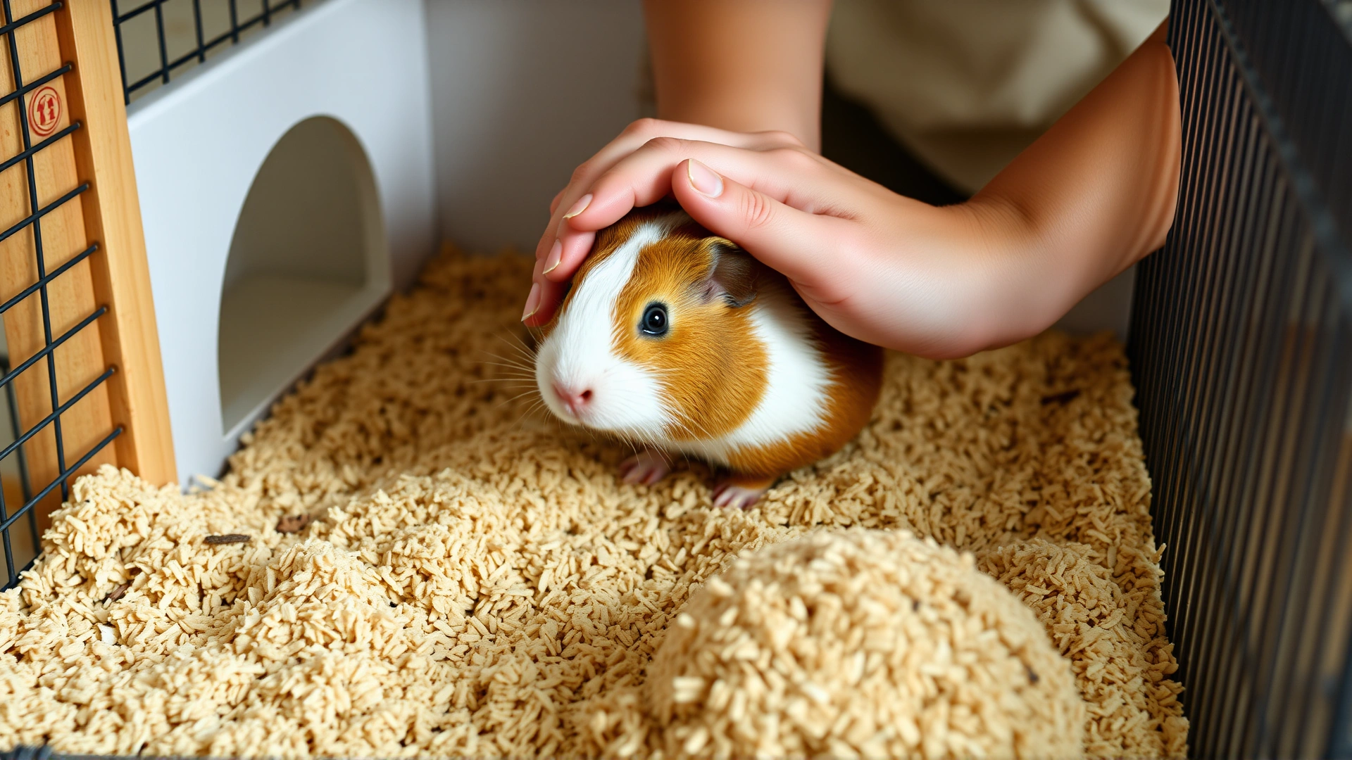 Pet owner’s hands replacing bedding inside a guinea pig cage with fresh paper-based substrate, tidy environment, no text