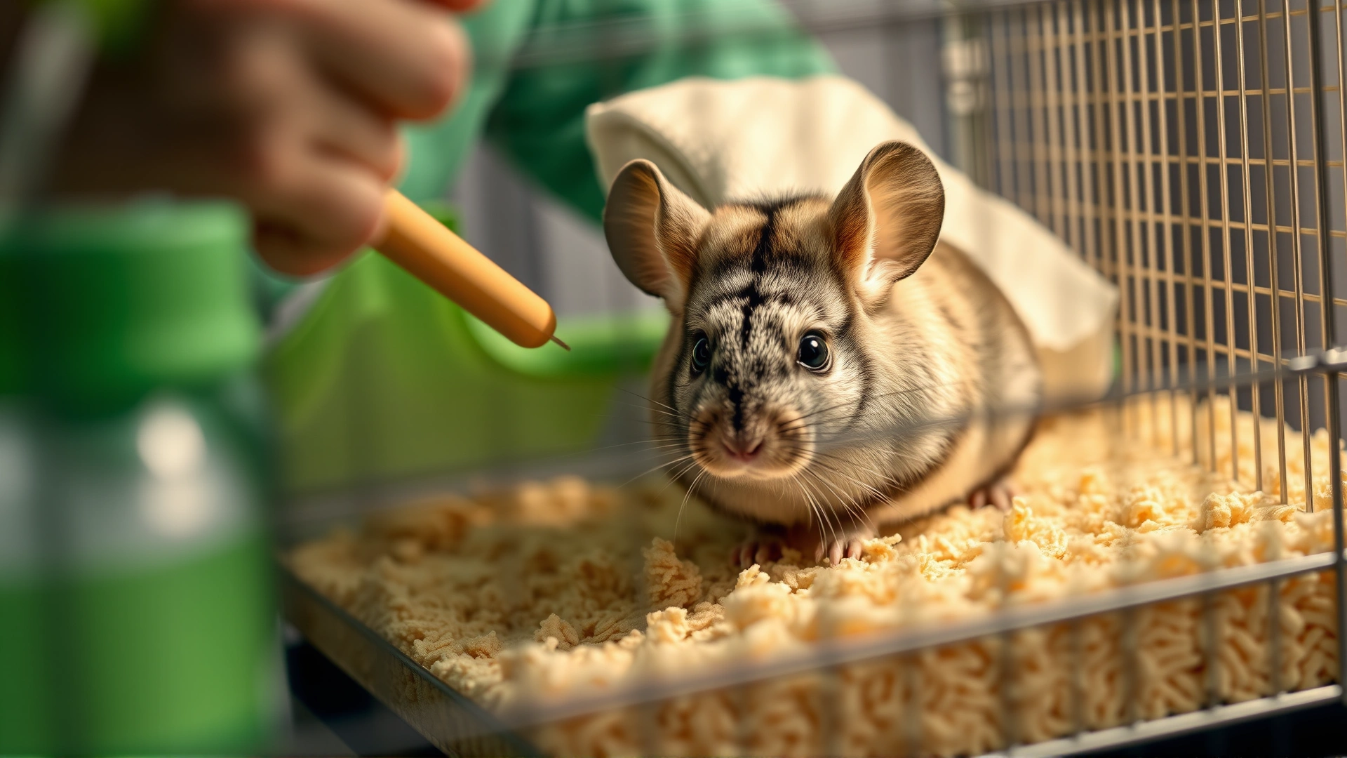 Pet owner cleaning a chinchilla cage, replacing bedding and wiping surfaces, bright and tidy setting