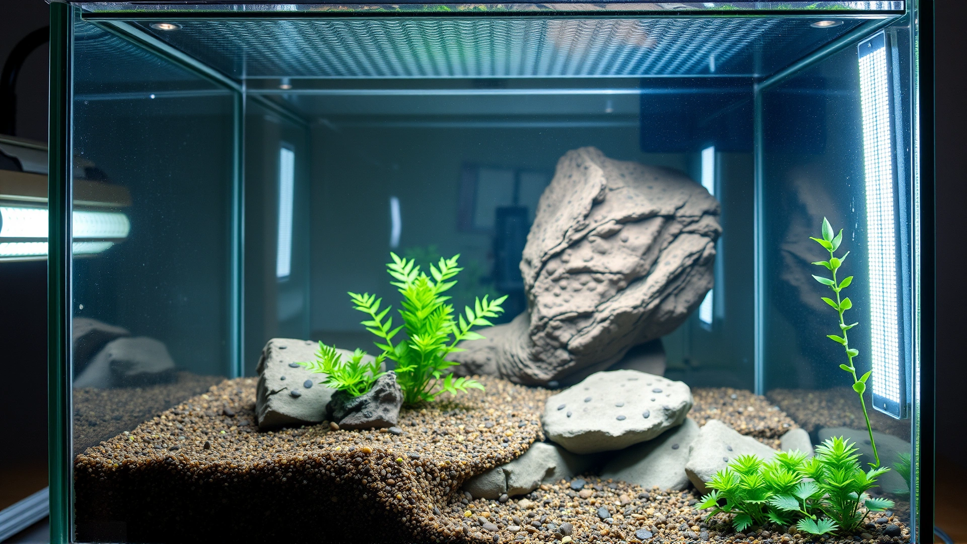 Clean, well-maintained glass terrarium with proper substrate, hiding spots, and heat lamps, highlighting best husbandry practices