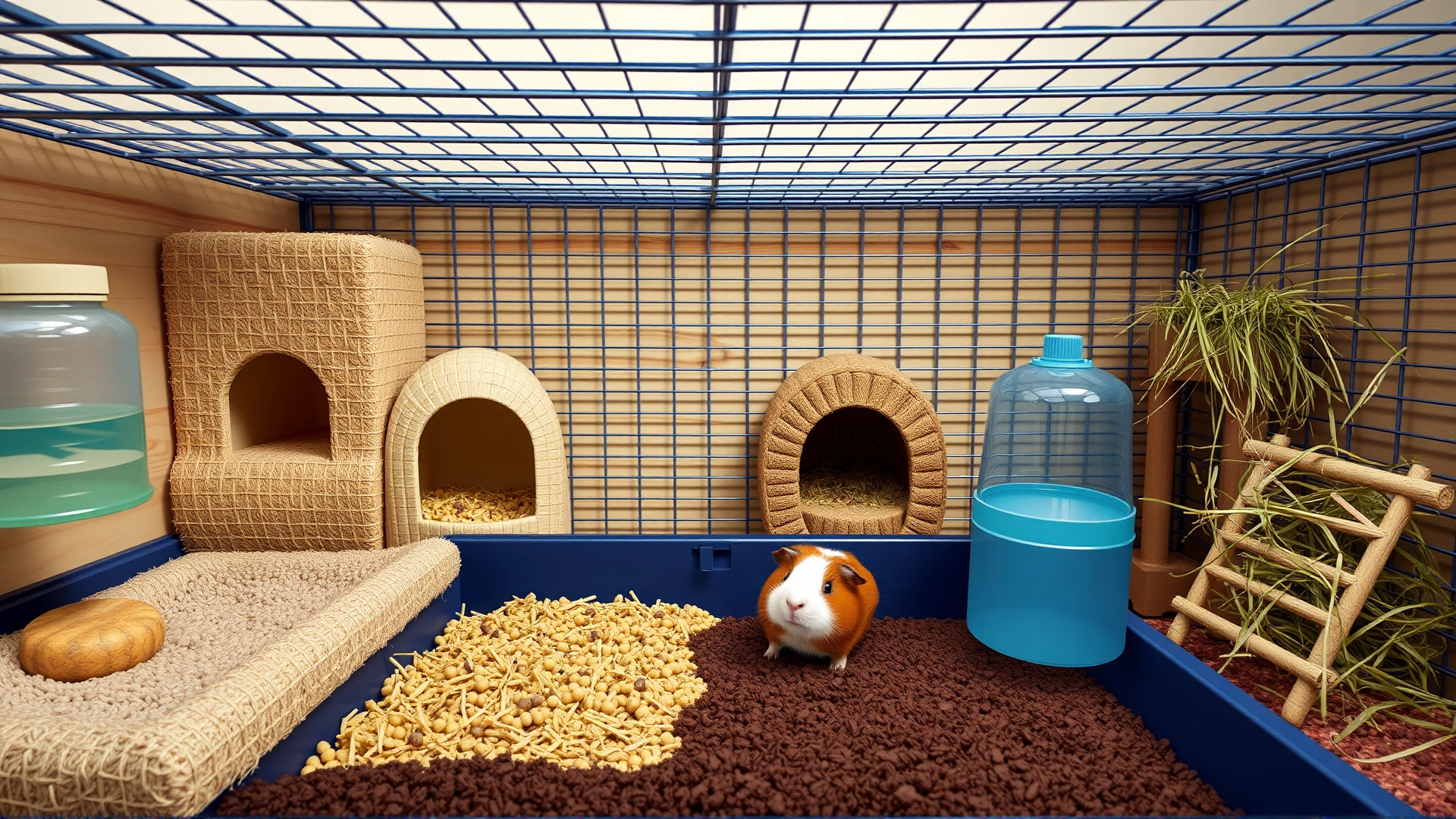 Well-arranged guinea pig habitat in a spacious cage with bedding, hideouts, water bottle and hay rack