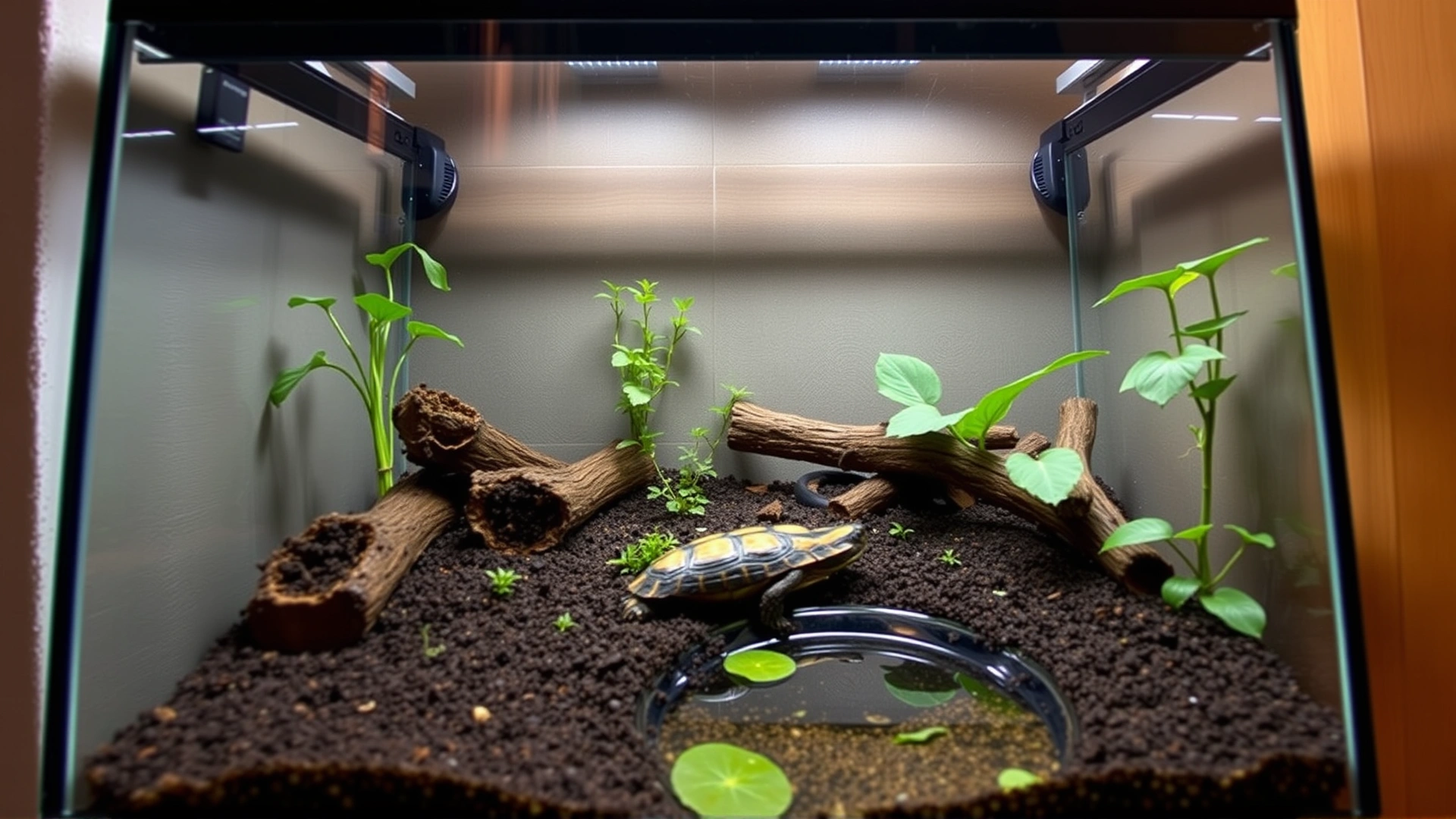 Wide-angle photo of an indoor terrarium designed for a box turtle, featuring soil substrate, live plants, hiding logs, and a shallow water dish.