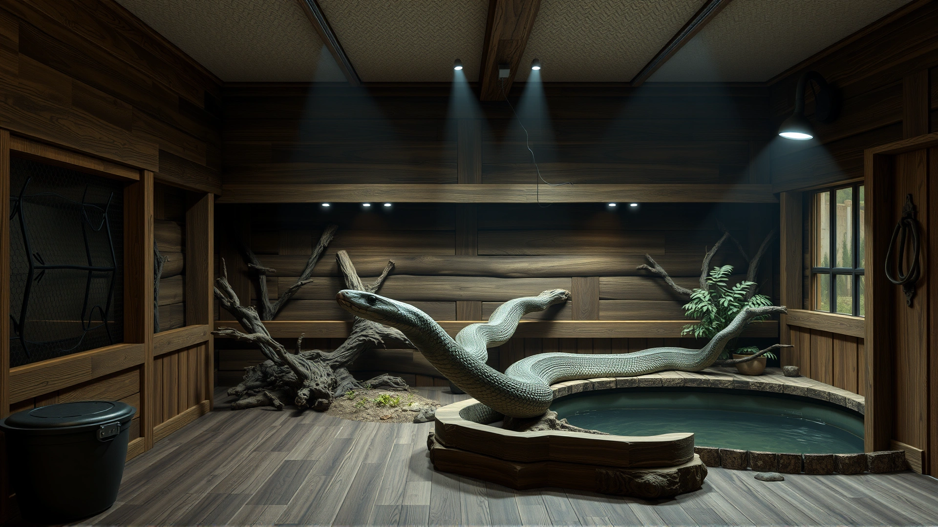 Indoor custom-built wooden enclosure for a large snake, equipped with heat lamps, branches, and a large water basin.