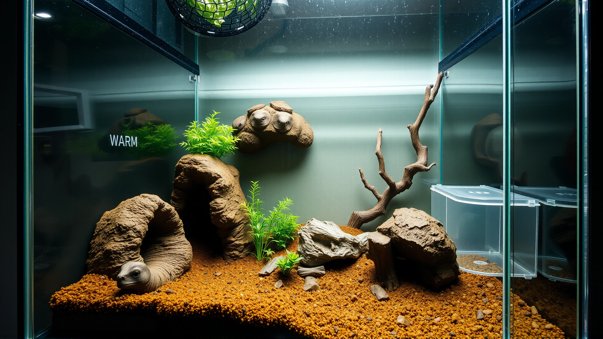 High-resolution image of a well-arranged glass terrarium showing warm and cool sides, hides, and moisture hide box, shot at eye level.