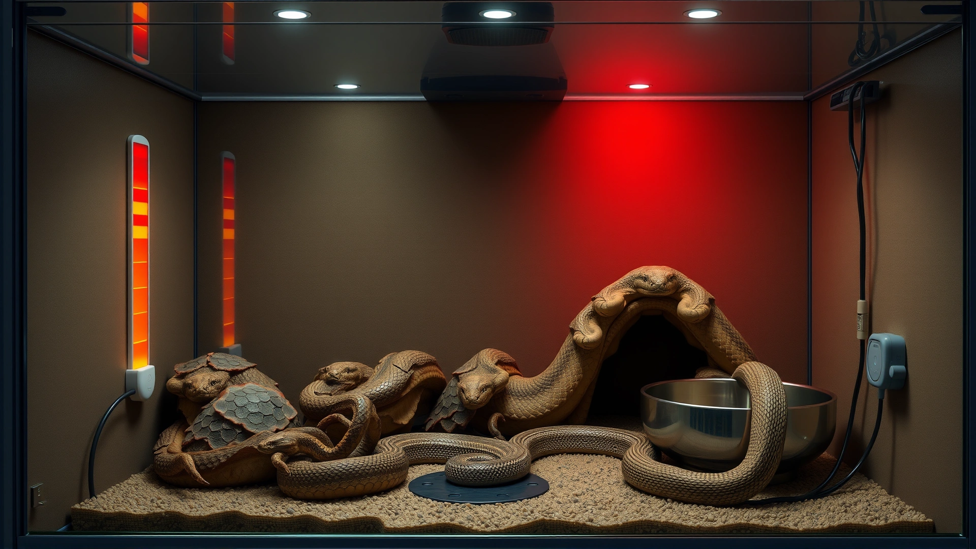 Well-arranged snake enclosure showing temperature gradient, hides, water bowl, and thermostat probe for ideal husbandry.