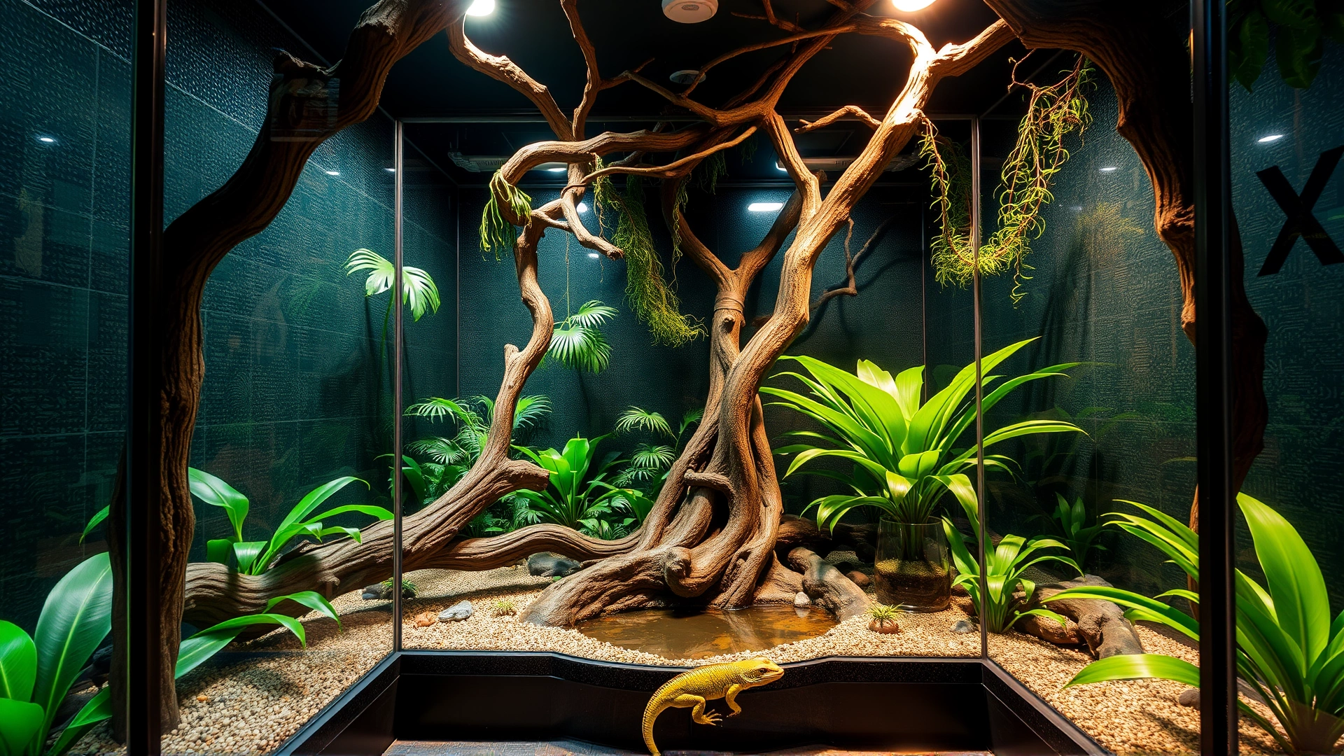 Wide-angle interior shot of a vertically oriented reptile terrarium decorated with large branches, live tropical plants, and a sizable water basin, all under warm lighting. No text.