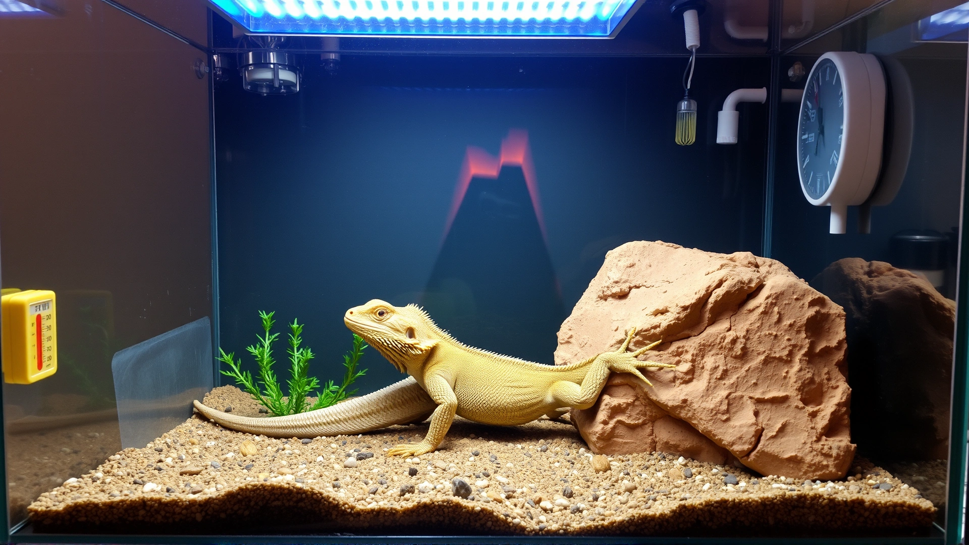 A 40-gallon terrarium set up for a bearded dragon, with basking rock, UVB light, thermometer, and safe substrate, captured from a slight angle.