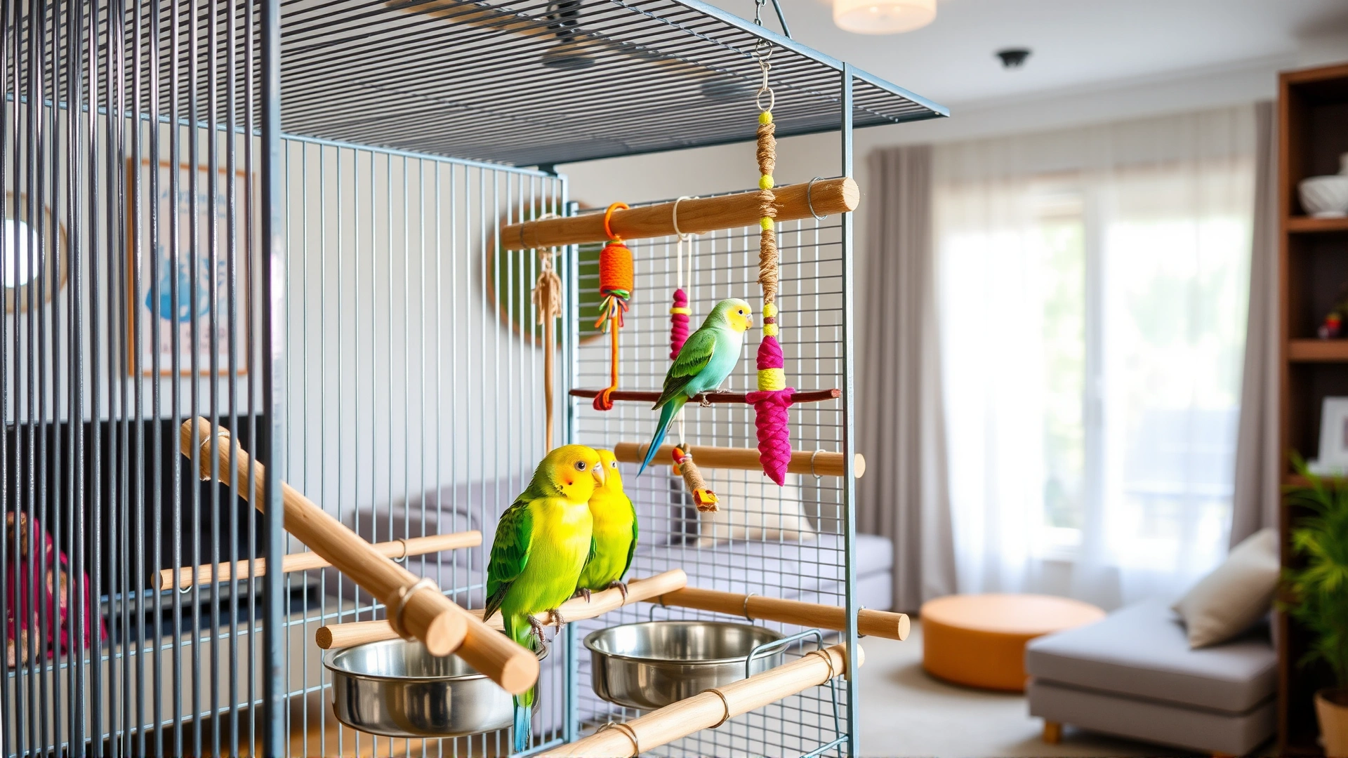 Spacious indoor bird cage setup for lovebirds, with natural wooden perches, colorful hanging toys, stainless steel food and water bowls, and a bright living room background.