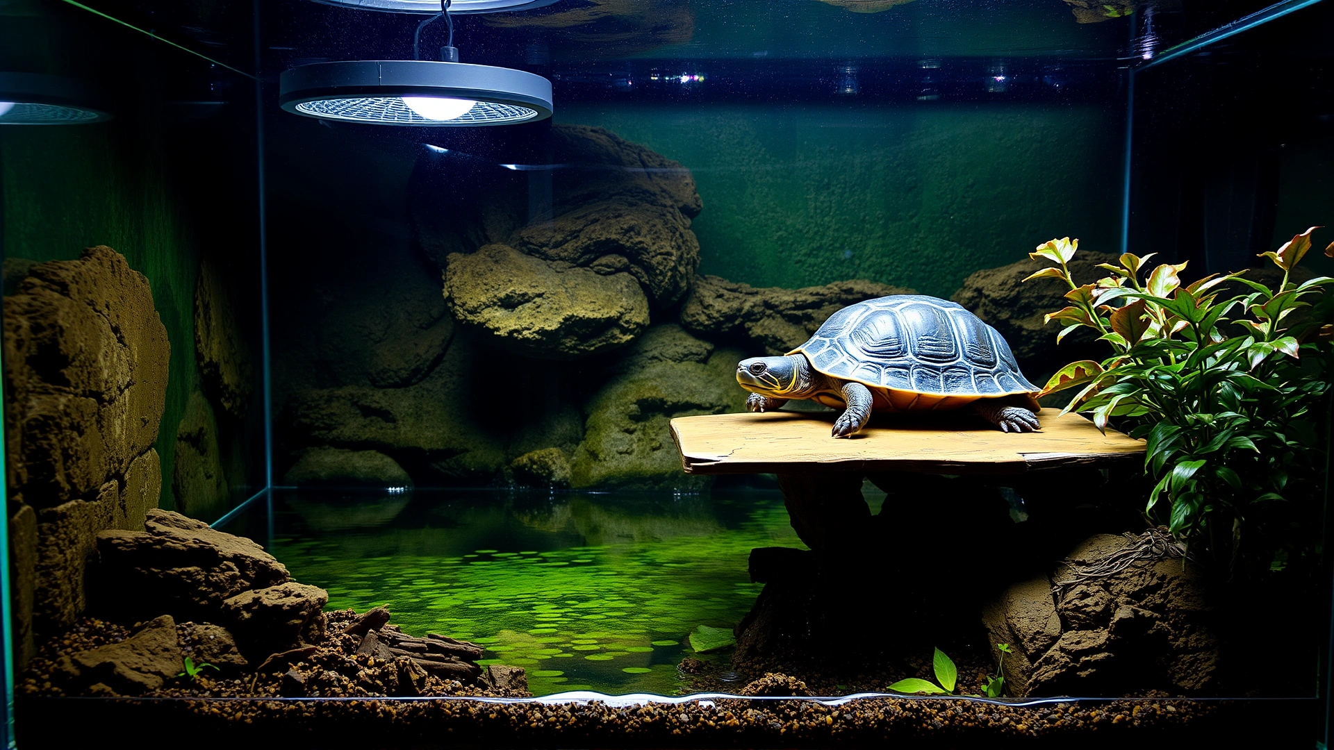 A realistic aquarium setup designed for a Mississippi map turtle, showing water area, basking dock with heat lamp, and aquatic plants, shot from slight angle.