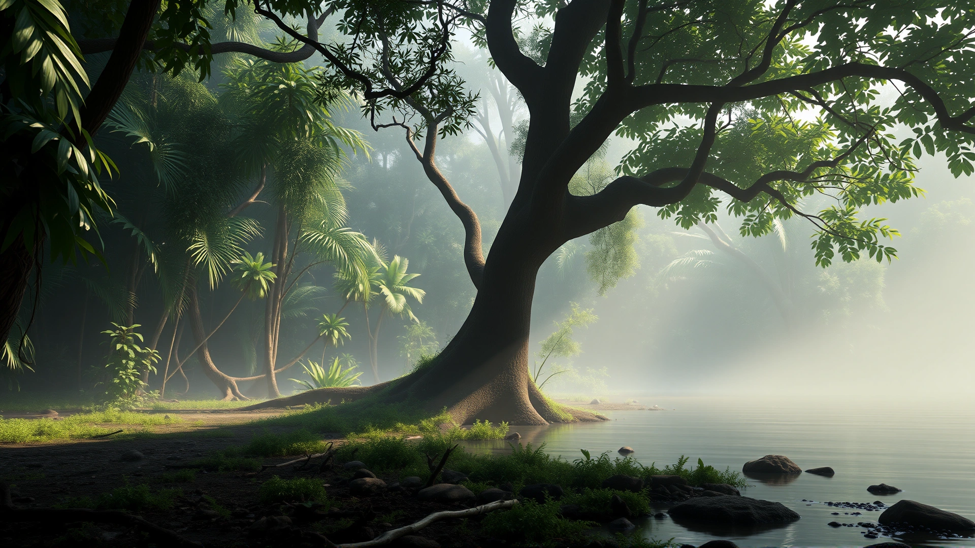 Wide shot of a misty tropical rainforest riverbank with dense foliage, overhanging branches, and soft natural light to illustrate the dragon’s natural habitat.