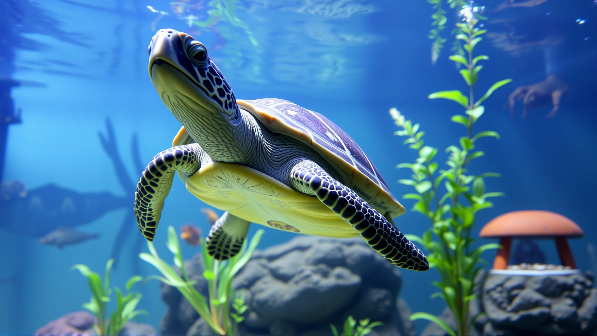 Turtle swimming in a clean aquarium with plants, basking dock, and proper UVB lighting visible