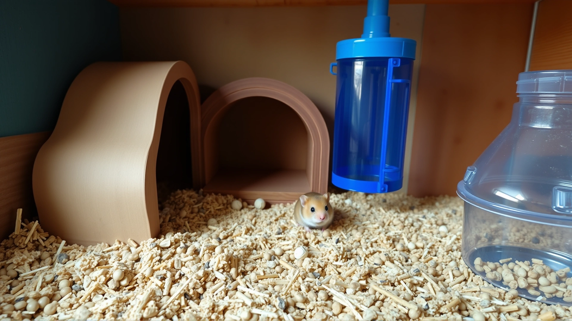 Wide shot of a well-designed hamster habitat: deep paper bedding, solid running wheel, wooden hideout, and water bottle, photographed in natural light.