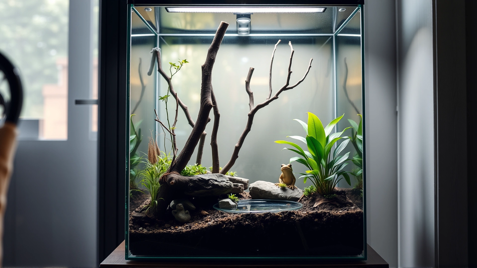 Indoor glass terrarium decorated with live plants, vertical branches, and a shallow water dish suitable for tree frogs, photographed in natural room lighting