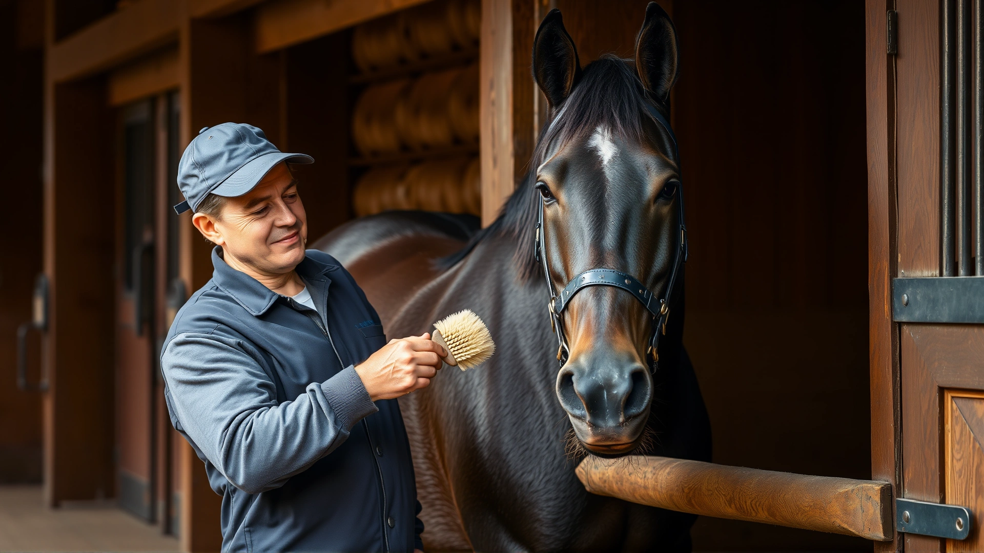 Stable setting showing a caretaker grooming a Hackney horse’s coat with a soft brush, warm natural lighting, no text.