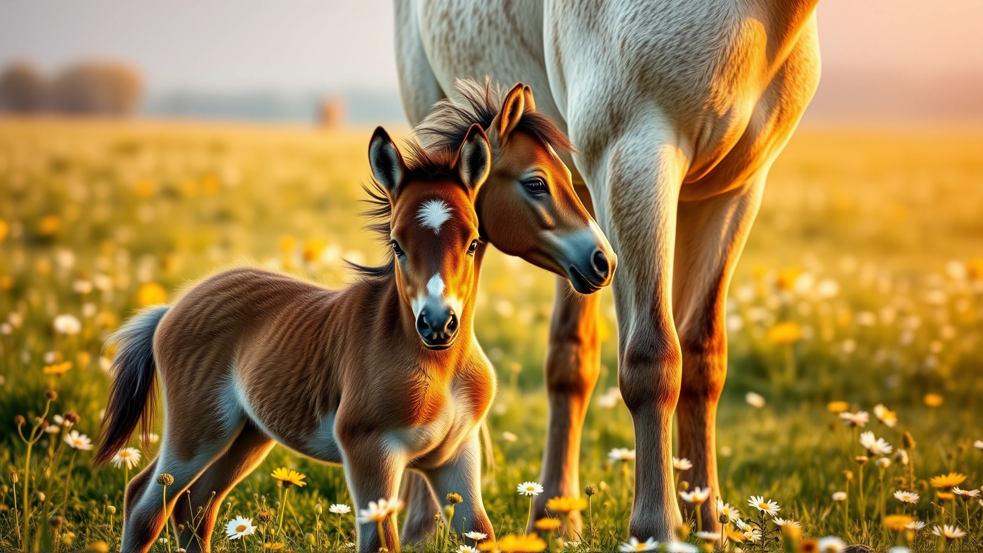 Cute Hackney foal standing beside its mother in a spring pasture filled with wildflowers, sunrise lighting, no text.