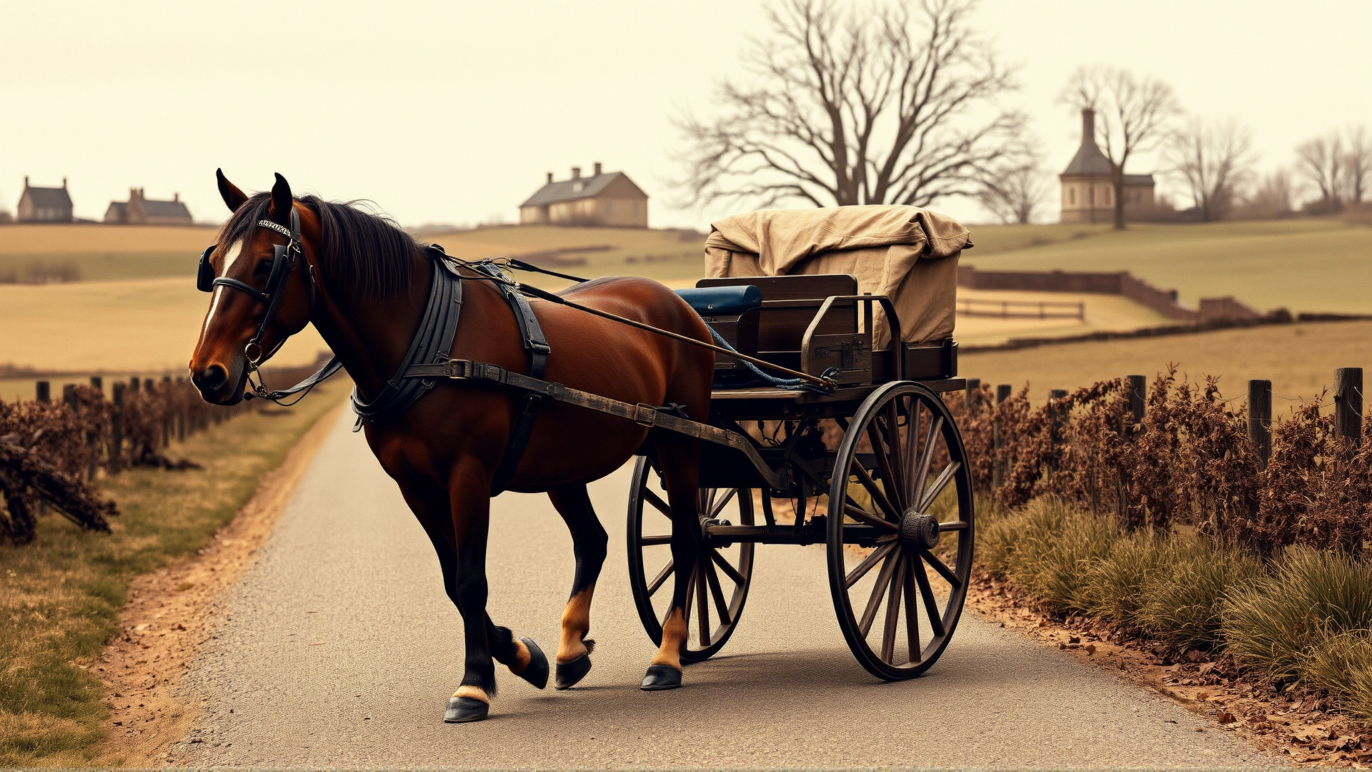 Vintage-inspired image of a historical Hackney horse pulling a 19th-century mail carriage along a countryside road, soft sepia tones, no text.