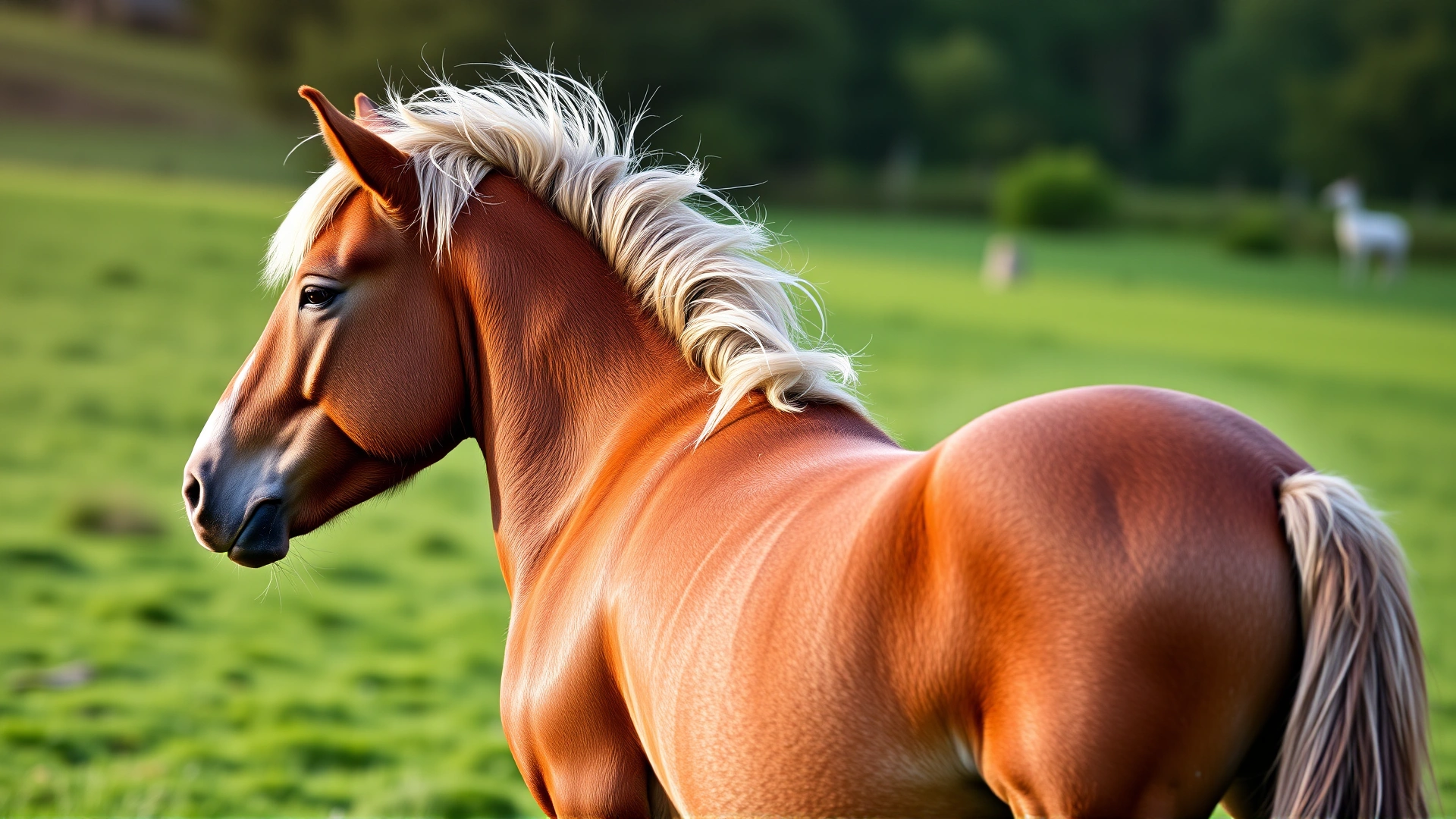 Side profile of a Hackney Pony standing on a lush green pasture, showing high tail carriage and refined conformation.