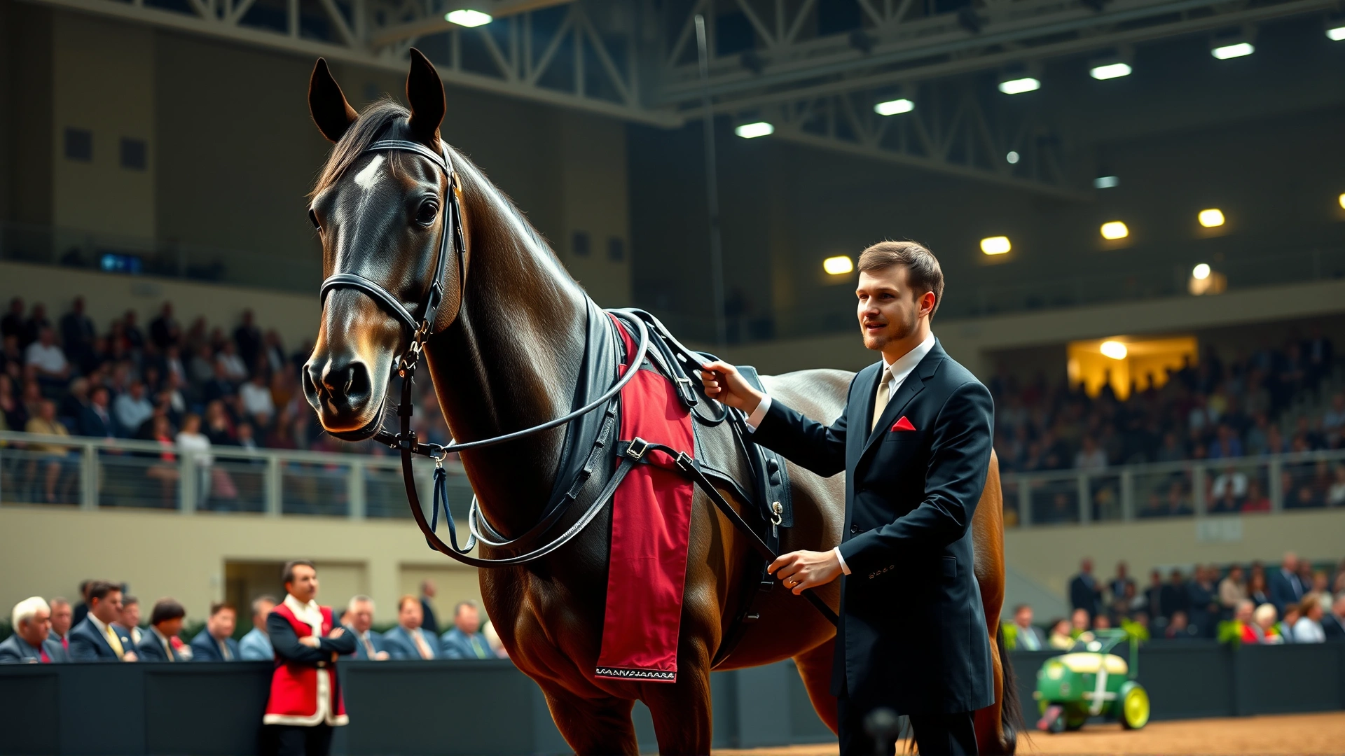 Colorful scene from a modern horse show where a groom in formal attire presents a Hackney horse in front of judges, bright arena lights, no text.