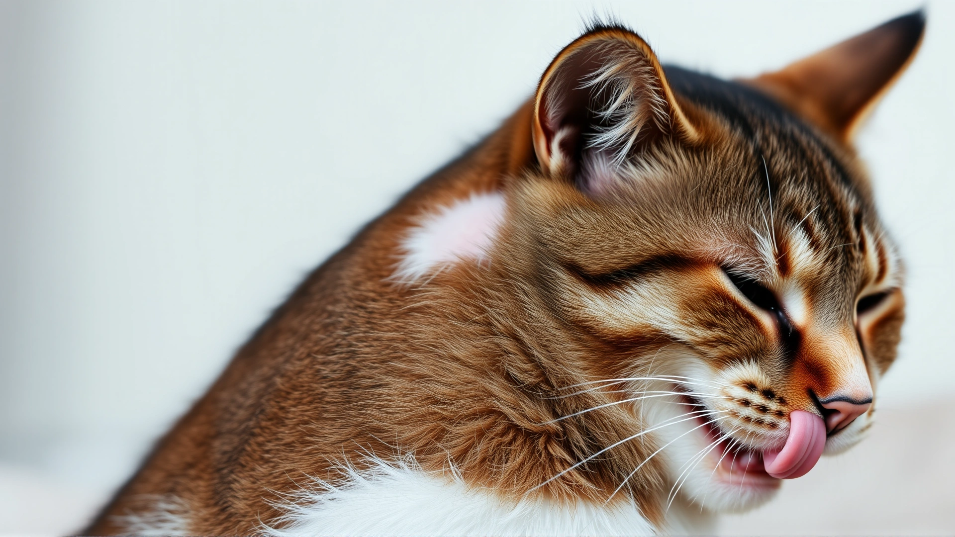 Close-up of a cat's side with a small bald patch caused by over-grooming, the cat's tongue visible mid-lick, neutral blurred background.