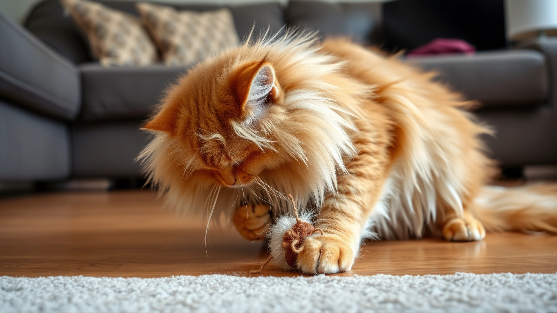 Long-haired cat mid-grooming with a small hairball on the floor, illustrating hairball issue that fiber can help prevent, living room setting.